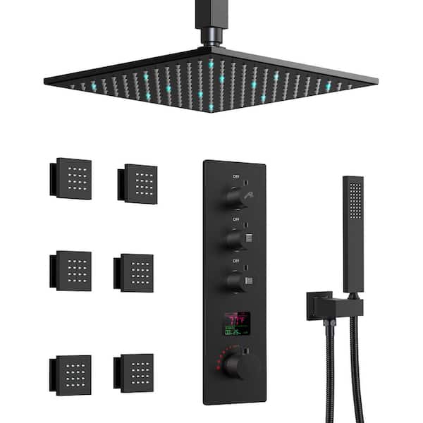 GRANDJOY Smart LED And Temp with Valve 7-Spray Ceiling Mount 12 in. Fixed and Handheld Shower Head 2.5 GPM in Matte Black