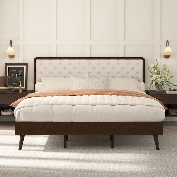 Monster Brown Walnut Solid Wood Frame King Size Platform Bed Frame with Upholstered Headboard