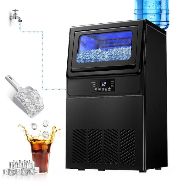 15 in. 100 lb./24H Full Size Cubes Freestanding Black Stainless Steel Ice Maker with 25 lbs. Storage Bin and Water Inlet