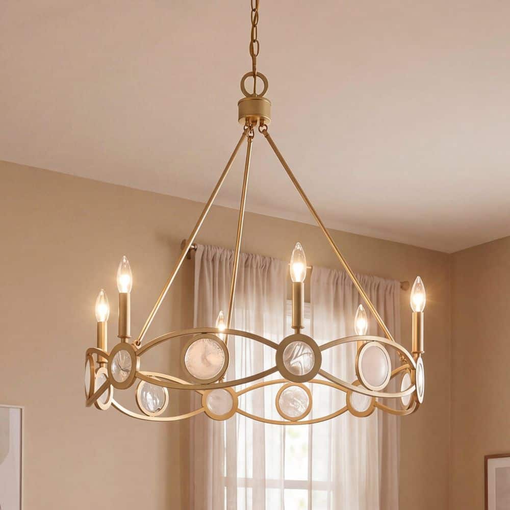 Minette 28 in. W x 27.25 in. H 6-Light Spun Gold Contemporary Chandelier with Strie Glass price history on PriceWatchPro