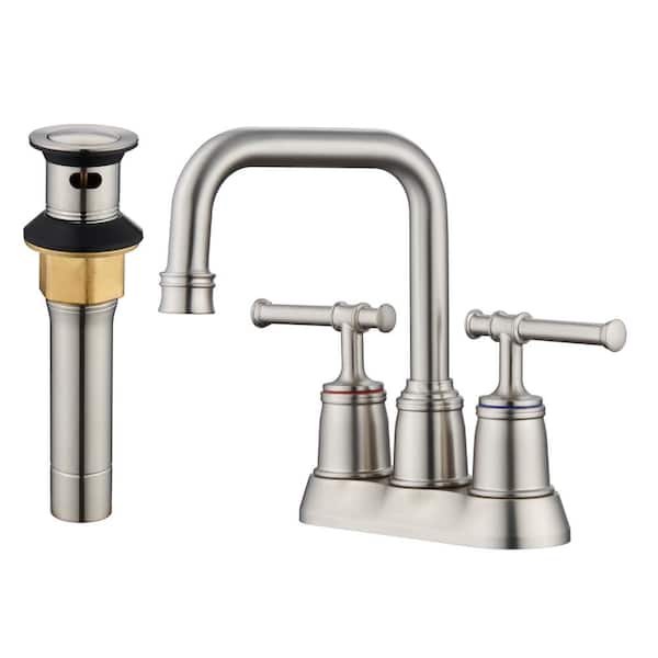 CASAINC 4 in. Centerset Double Handle 2 holes Bathroom Sink Faucet Lavatory Faucet with Stainless steel Drain in Brushed Nickel
