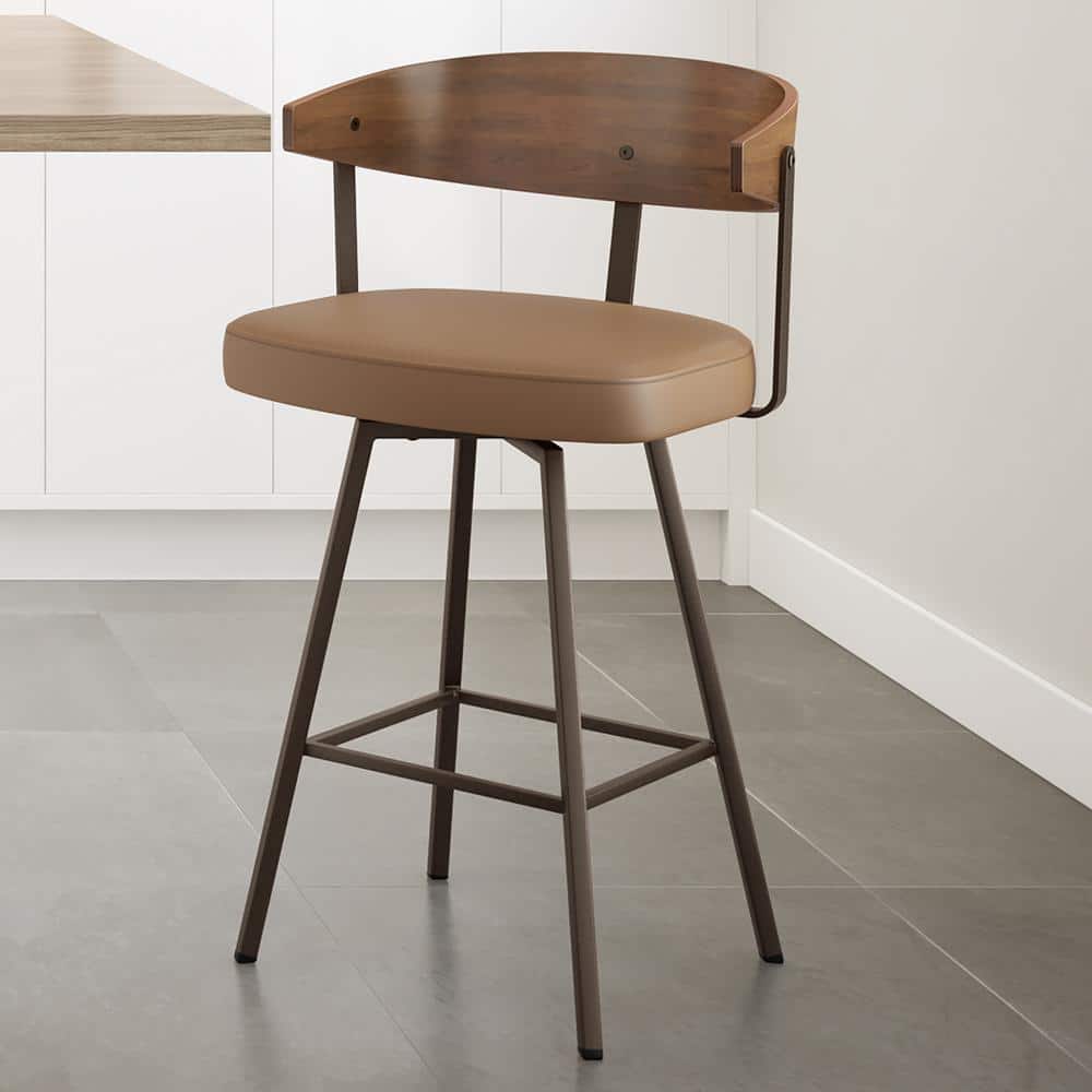 Tan Faux Leather and Dark Brown Wood Swivel Counter Stool
