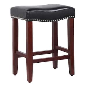 Jameson 24 in. Counter Height Cherry Wood Backless Nailhead Trim Barstool with Upholstered Navy Blue Linen Saddle Seat