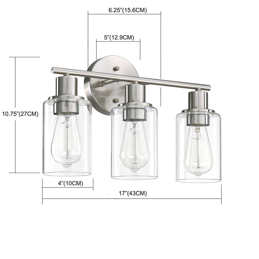 Brushed Nickel 3-Light Modern Bathroom Vanity Light with Clear Glass Shades