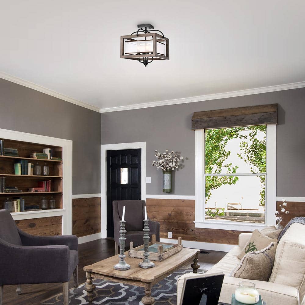 Antique Black and Wood Flush Mount Light with Fabric Shade
