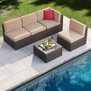 5-Piece Brown Wicker Patio Conversation Set with Cushions Outdoor Sectional Sofa Set with Coffee Table