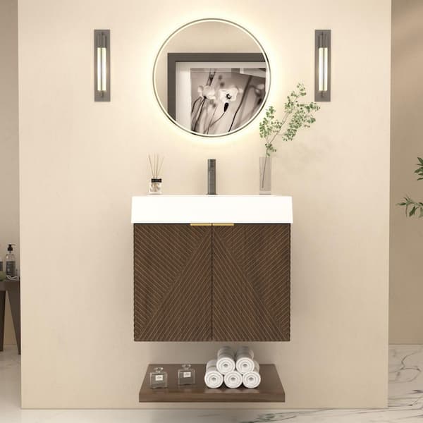 Stella 24 in. W x 20 in. D x 22 in. H Single Sink Chestnut Brown Bath Vanity with White Acrylic Top Floating Lower Shelf