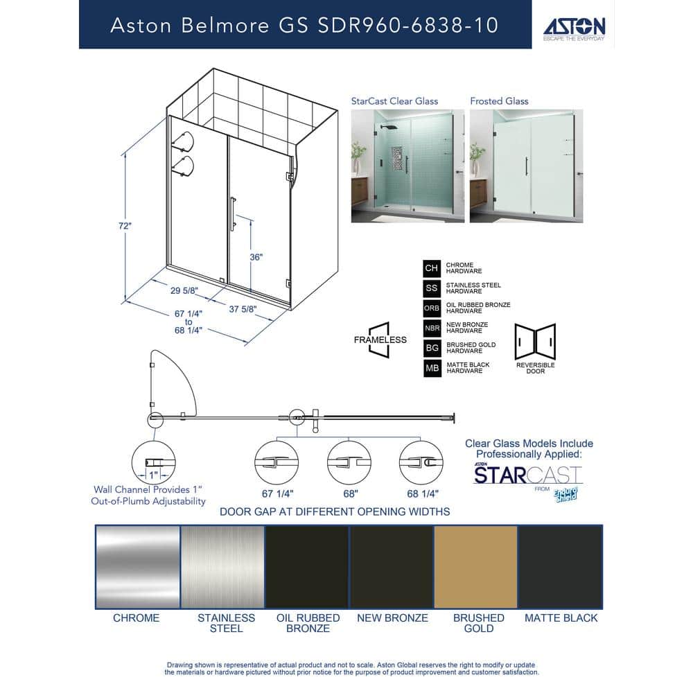 Belmore GS 68" x 72" Oil Rubbed Bronze Frameless Hinged Shower Door with Frosted Glass