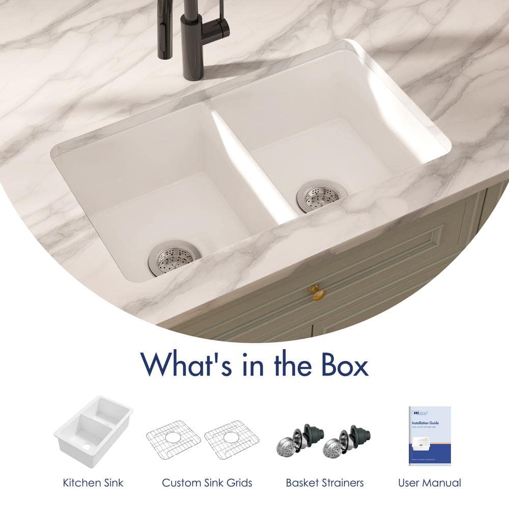 Oslo 32" White Fireclay Double Bowl Drop-In Kitchen Sink