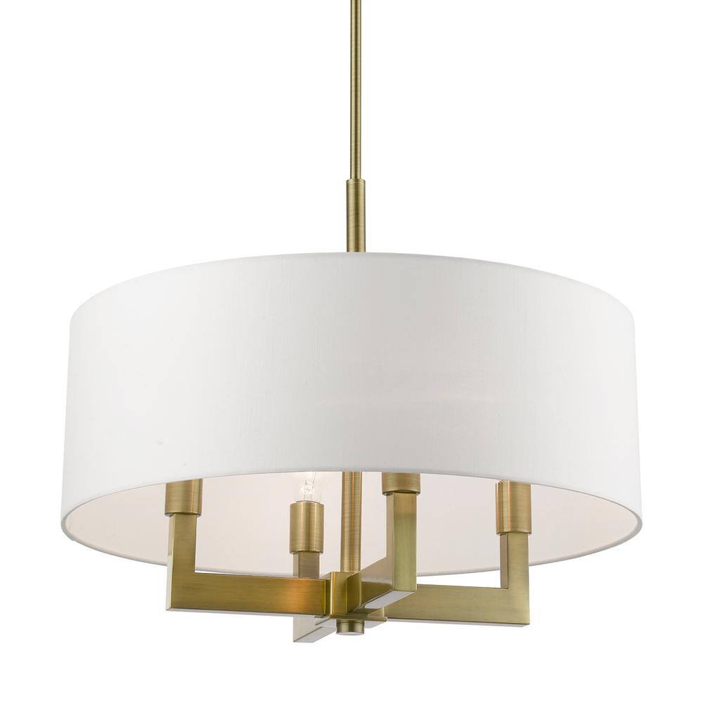Antique Brass Cresthaven 4-Light Chandelier with Off-White Shade