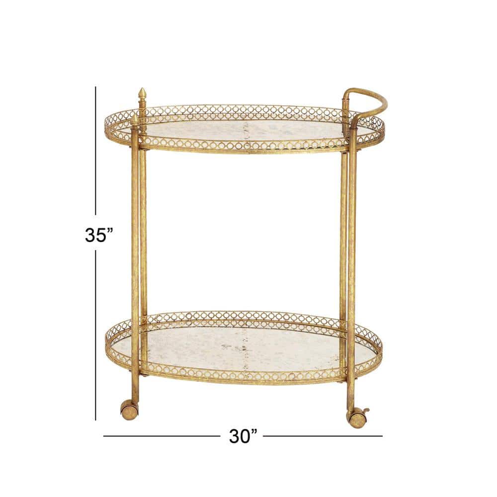 Gold Oval Iron Rolling Bar Cart with Glass Shelves