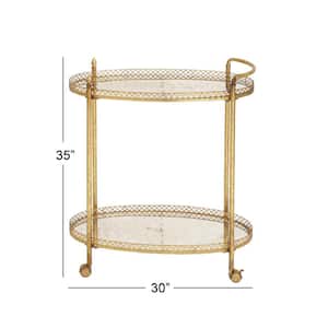 35 in. H Gold Rolling 2 Mirrored Shelves Bar Cart with Lockable Wheels