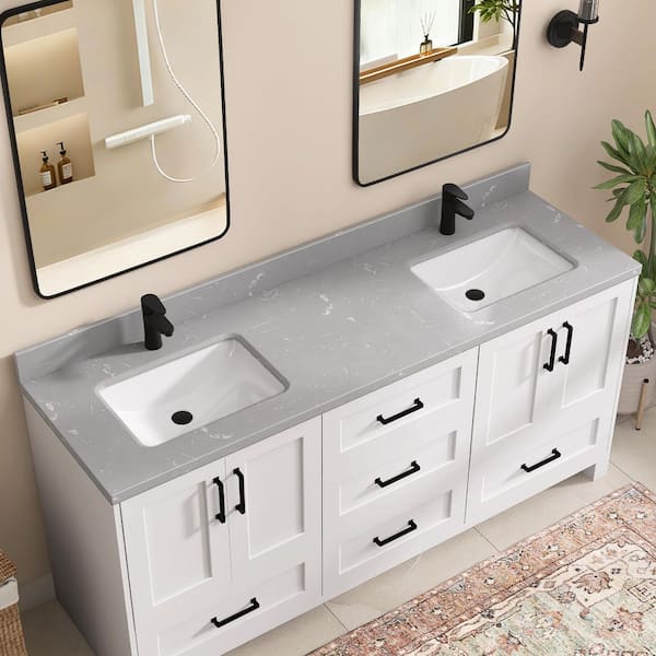 Gca 72 in. W x 22 in. D Cultured Marble White Rectangular Double Sink Bath Vanity Top with Backsplash Countertop in Gray