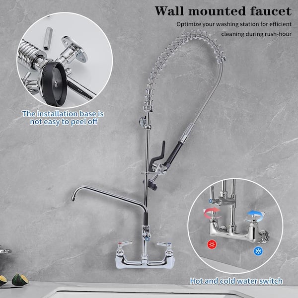 BWE Commercial Restaurant Pull Down 2-Handle Wall Mount Pre-Rinse 