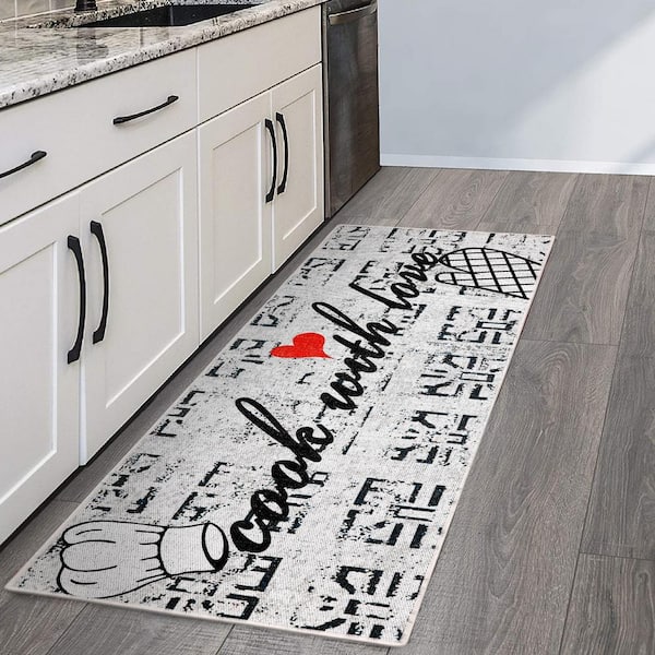 Border Design Gray-Black-Red 20 in. x 59 in. Cotton Kitchen Runner Rug Mat
