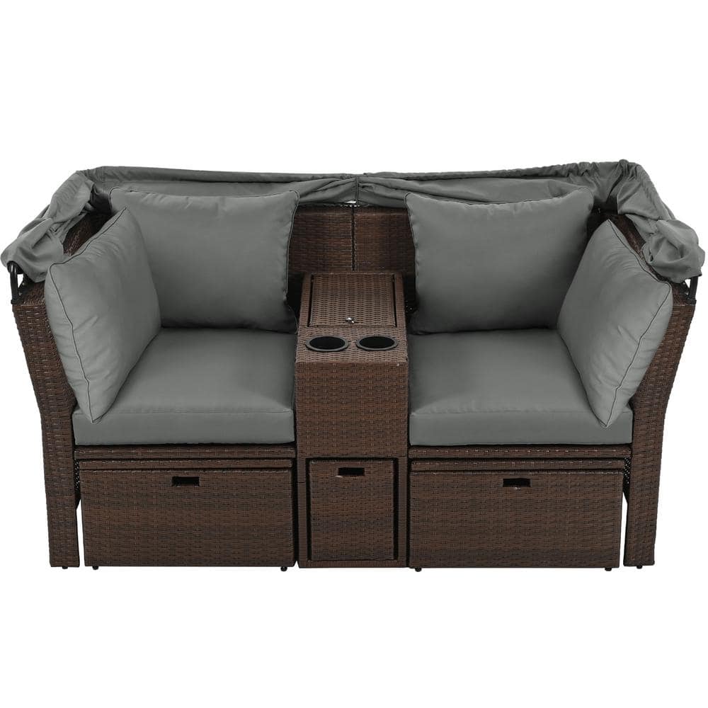 Dark Brown Wicker Outdoor 2-Seater Loveseat Sofa Set, Patio Double Daybed, 