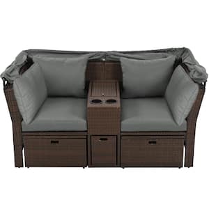 Dark Brown Wicker Outdoor 2-Seater Loveseat Sofa Set, Patio Double Daybed, with Foldable Awning and Grey Cushions