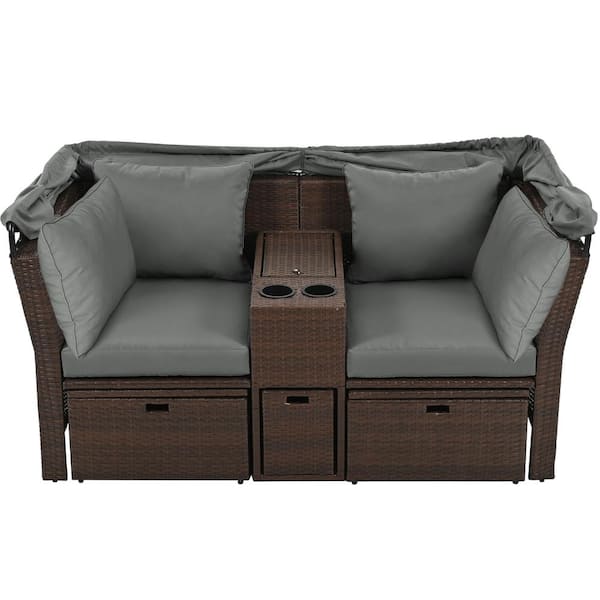 Unbranded Dark Brown Wicker Outdoor 2-Seater Loveseat Sofa Set, Patio Double Daybed, with Foldable Awning and Grey Cushions