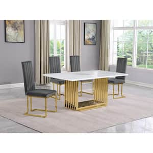 Lisa 5-Piece Rectangle White Marble Top Gold Stainless Steel Base Dining Set With 4-Dark Grey Velvet Gold Leg Chair