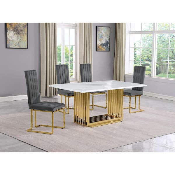 Best Quality Furniture Lisa 5-Piece Rectangle White Marble Top Gold Stainless Steel Base Dining Set With 4-Dark Grey Velvet Gold Leg Chair