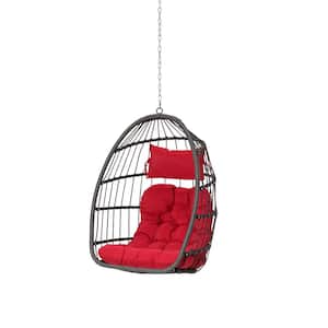 1-Person 28.5 in. W Dark Grey Rattan Frame Egg Swing Chair, Outdoor Garden Rattan Hanging Chair in Red
