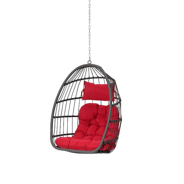 Unbranded 1-Person 28.5 in. W Dark Grey Rattan Frame Egg Swing Chair, Outdoor Garden Rattan Hanging Chair in Red