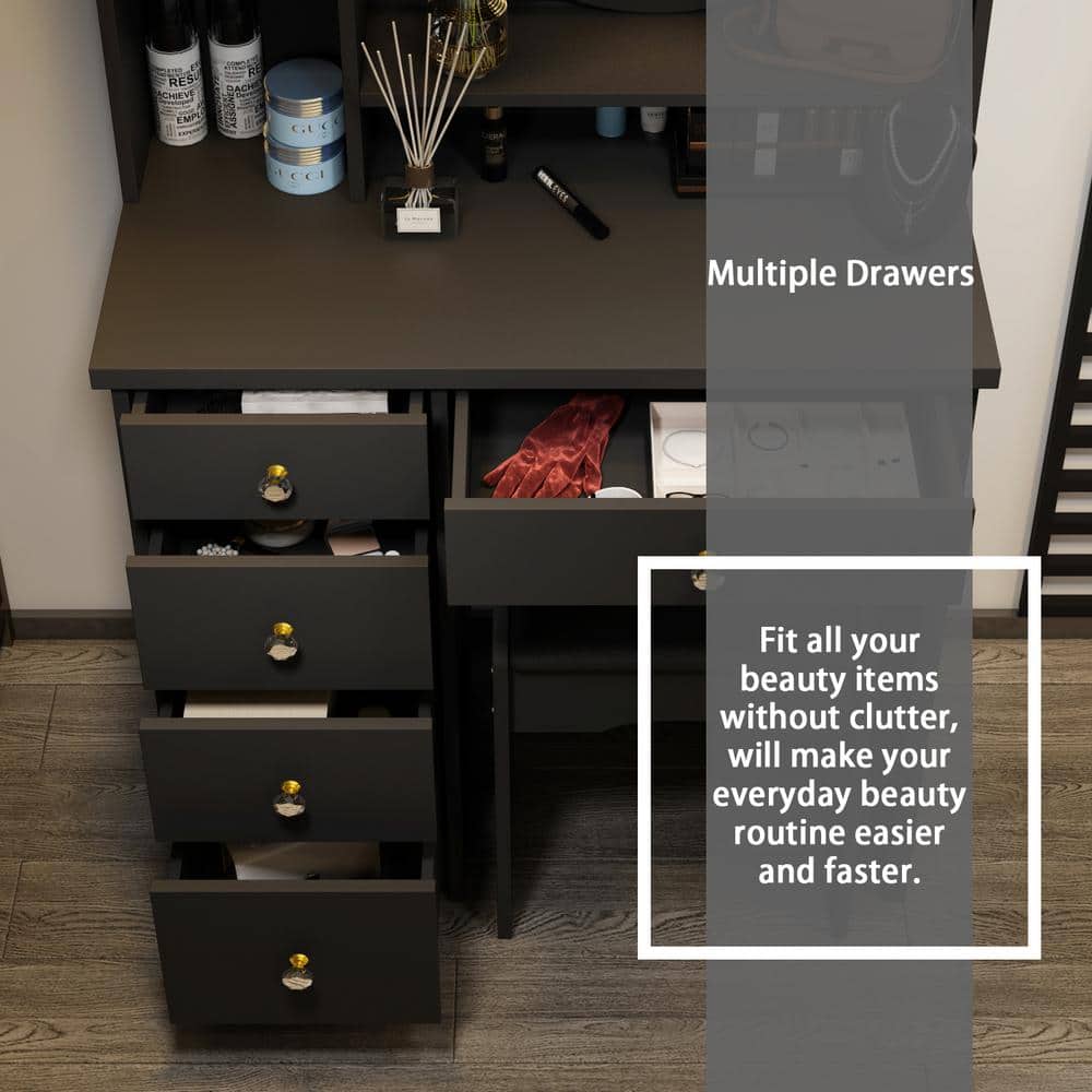 5-Drawers White Wood Makeup Vanity Set Dressing Desk W/ Stool, LED Round Mirror and Storage Shelves 52x 31.5x 15.7 in. - thumbnail 8