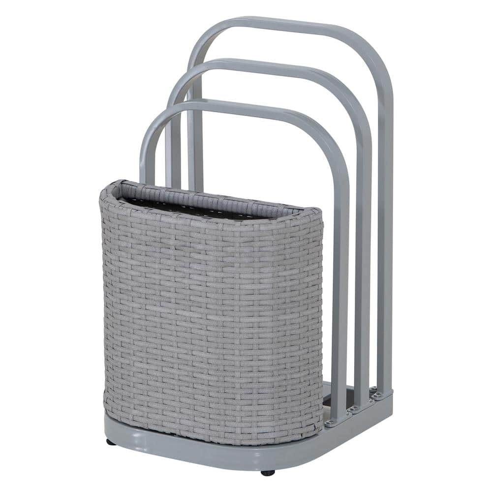 Gray Aluminum and Wicker Poolside Towel Rack with Storage Basket