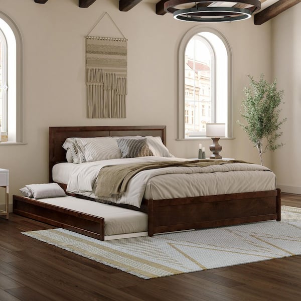 AFI Lylah Walnut Brown Solid Wood Frame Queen Platform Bed with Panel Footboard and Twin XL Trundle