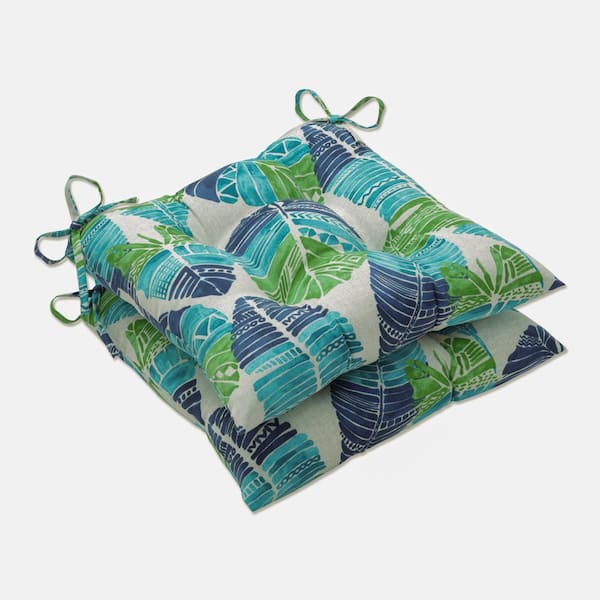 Pillow Perfect Floral 19 in. x 18.5 in. Outdoor Dining Chair Cushion in Blue/Green/Tan (Set of 2)