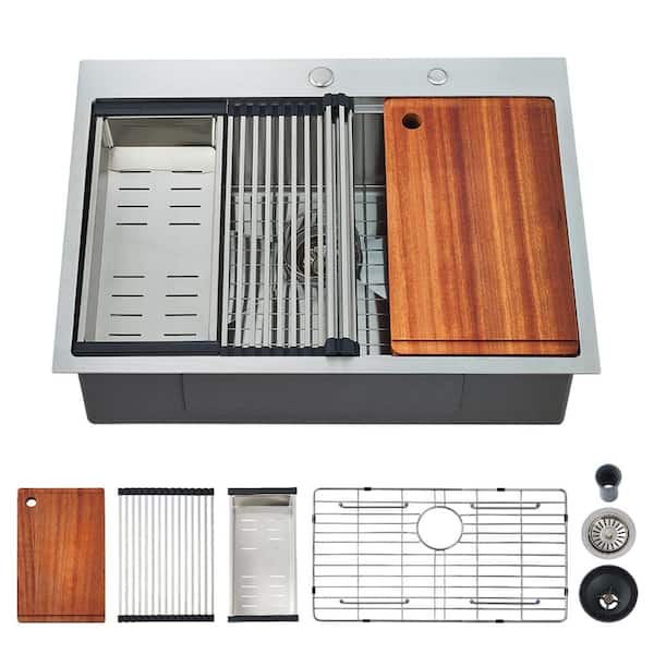 25 in. Drop-In Single Bowl T304 Stainless Steel Workstation Sink with Cutting Board for Kitchen