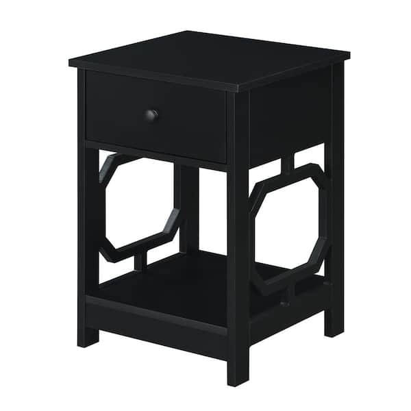Convenience Concepts Omega 15.75 in. Black Standard Height Square Wood Top End Table with Drawer and Shelf