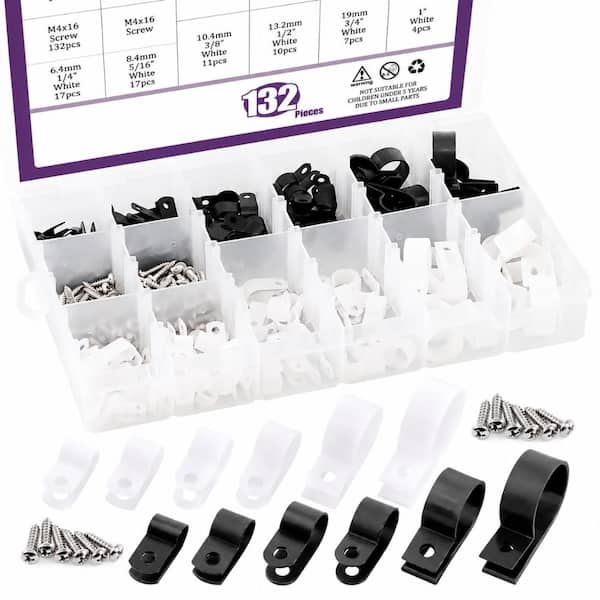 135 Pack White and Black Nylon R-Type Cable Clips Assortment Kit in Six Sizes with Screws for Wire Management