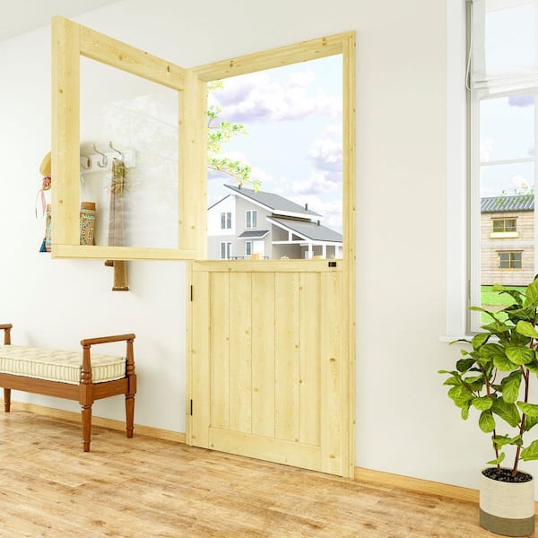 36 in. x 80 in. Solid Pine Universal 1-Lite Clear Glass Unfinished Pine Wood Front Door Slab-Dutch Door Design