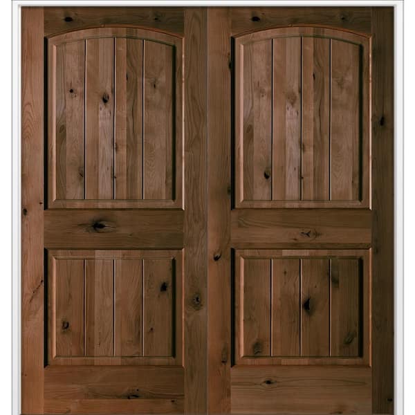 60 in. x 80 in. Rustic Knotty Alder 2-Panel Arch Top VG Both Active Espresso Stain Wood Double Prehung Interior Door