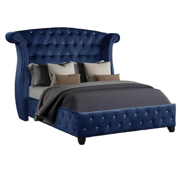 LUCKY ONE Lucky Start 85.50 in. W 4-Piece Blue Velvet Queen Size Upholstered Solid Manufactured Wood Platform Bed Frame Wingback