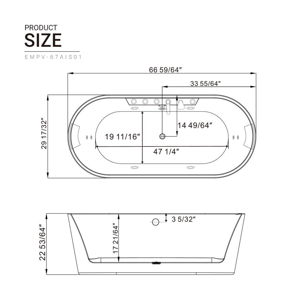 67'' White Acrylic Freestanding Whirlpool Bathtub with Faucet