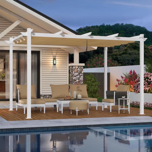PURPLE LEAF 10 ft. W x 13 ft. D Patio White Aluminum Pergola with Khaki Adjustable Sun Shelter Canopy and Extra Protective Roof