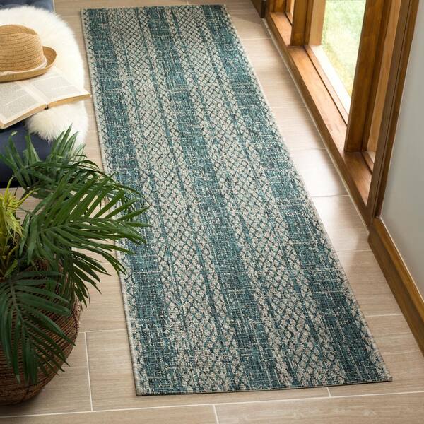 Courtyard Light Gray/Teal 2 ft. x 10 ft. Geometric Indoor/Outdoor Patio  Runner Rug