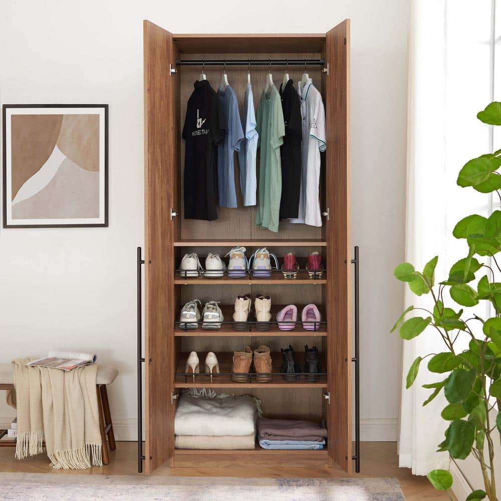 Golden Brown Tall Freestanding Wardrobe with Black Metal Handles