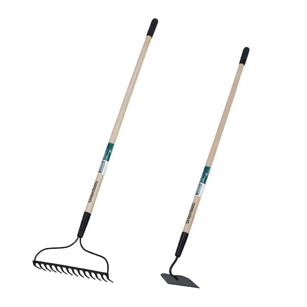 2-Piece Garden Tool Set with Bow Rake and Hoe for Soil Preparation and Landscaping