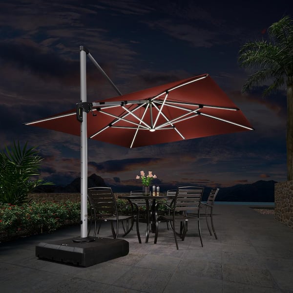 PURPLE LEAF 11 ft. Square Aluminum Solar Powered LED Patio Cantilever Offset Umbrella with Stand, Brick Red