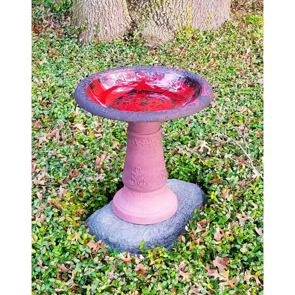 Marbleized Red Scroll Vine Clay Bird Bath with Stand