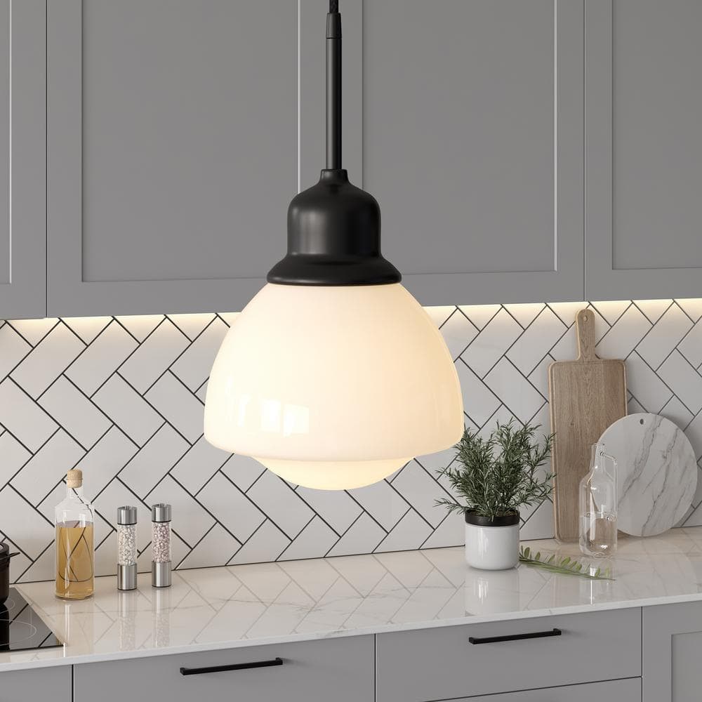 Brooks Transitional Blackened Bronze Drum Pendant with White Milk Glass