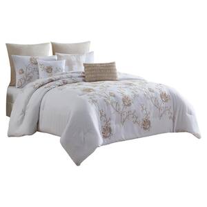 Miki 8- Piece White and Beige Floral Microfiber Queen Comforter Set