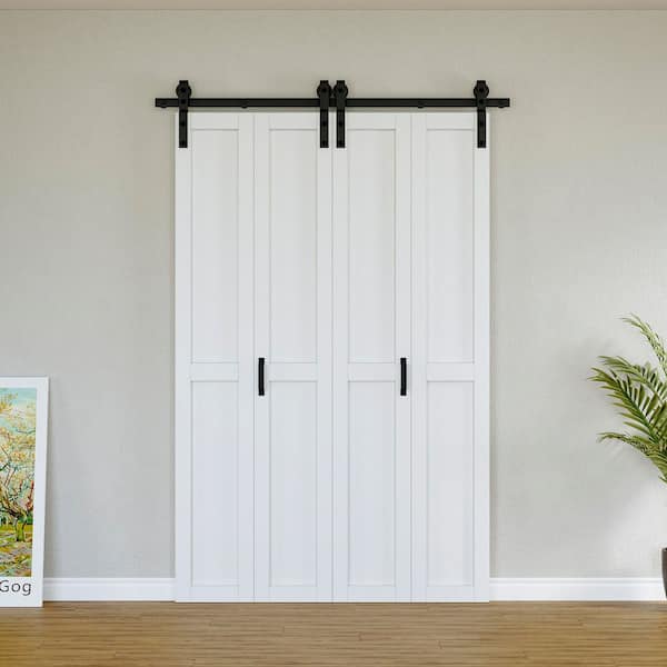 ARK DESIGN 50 in. x 84 in. Solid Core White Primed MDF Wood Paneled H Design Bi-Fold Door Style Barn Door with Hardware