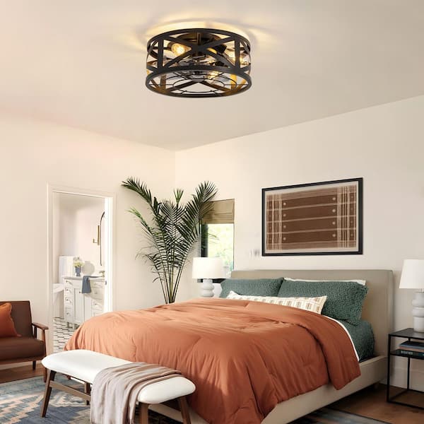 16 in. Indoor Small Flush Mount Ceiling Fan with Light and Remote Control Black Modern Metal Drum Caged Fandelier