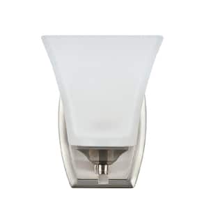1-Light Brushed Nickel Vanity Light with Etched White Glass Shade