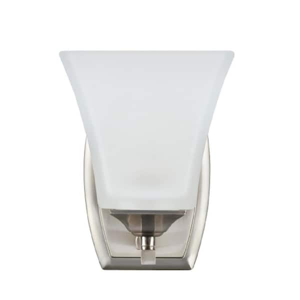 Aspen Creative Corporation 1-Light Brushed Nickel Vanity Light with Etched White Glass Shade