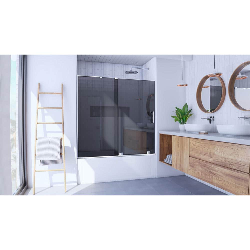 Mirage-X Chrome Frameless Sliding Tub Door with Smoke Gray Glass